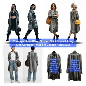 Comrags Linen Blend Striped Shirt Dress & Long Line Cardigan Size S/M